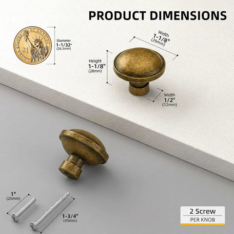 Vintage Round Cabinet Knobs Antique Brass Finish 1.25 Inch Single Hole Drawer Pulls Solid Zinc Alloy Rustproof dimensions with screws