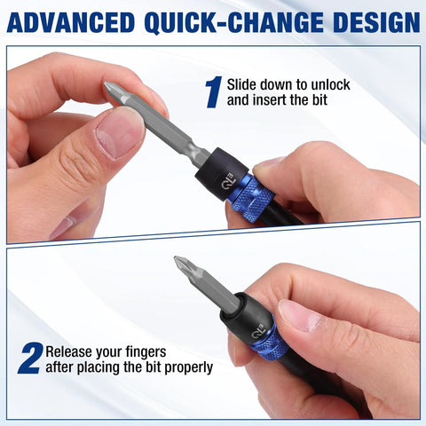 Close-up of hands using Six Inch Drill Bit Extension With Quick Release Bit Holder For Impact Drivers, showing bit insertion.