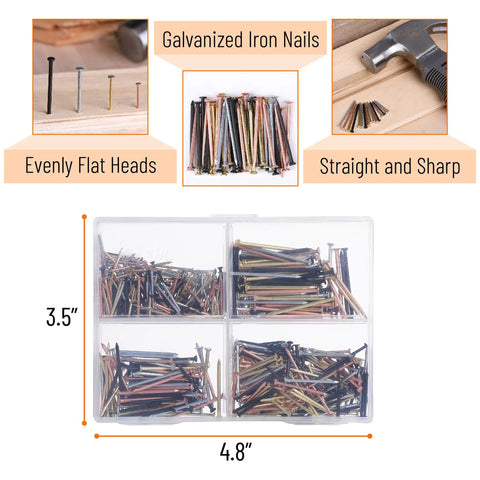 Pro Level Steel Nail Assortment Pack With 600 Pieces Across Four Different Sizes, Heavy Duty Badass Hardware Fasteners For Any Gnarly Diy Job Or Home Fix Up, Legit Durable Construction Staples That Stay Locked In Tight Every Time in clear organizer.
