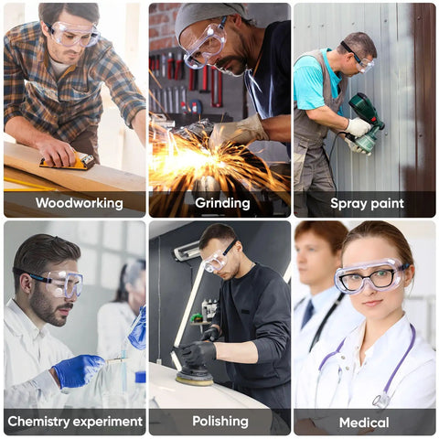 Anti Fog Safety Goggles With Clear HD Lenses For Chemistry And Industrial Use, ANSI Z87.1 Compliant Eye Protection, various uses shown