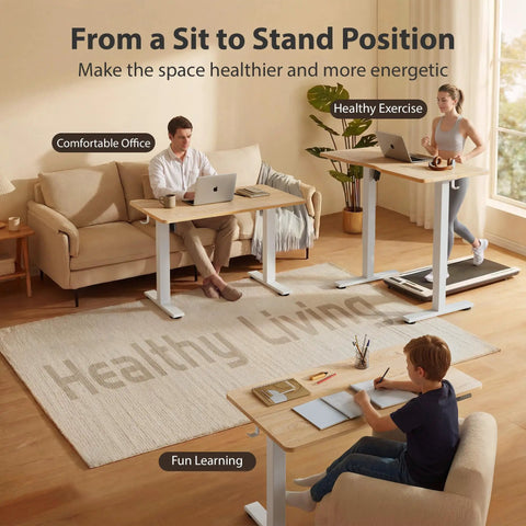 Three people using Electric Height Adjustable Standing Desk 48x24 Inches With White Frame And Maple Top in a home setting.