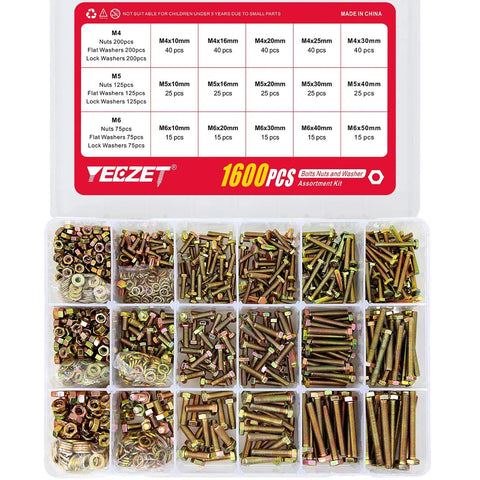 Heavy Duty Bolts And Nuts Kit With 1600Pcs M4 M5 M6 Grade 8.8 Alloy Steel Fasteners, Flat And Lock Washer Set, organized compartments