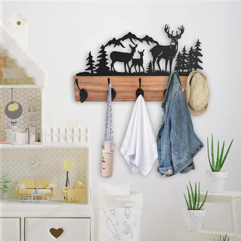 Wooden Deer Coat Rack With Five Hooks And Built-In Motion Sensor Light, Wall Mounted Entryway Organizer for Coats and Hat Display
