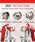 Top Shelf Siphon Feed Spray Gun With Stainless Steel Nozzles And Needles, One Liter Paint Cup, Pulls Six Cubic Feet Per Minute Air Flow, Knockout Finish For Smoother Auto Detailing, Fine Woodwork And Custom Metal Coating showcasing 360° rotation nozzle for horizontal, vertical, and circular spraying.
