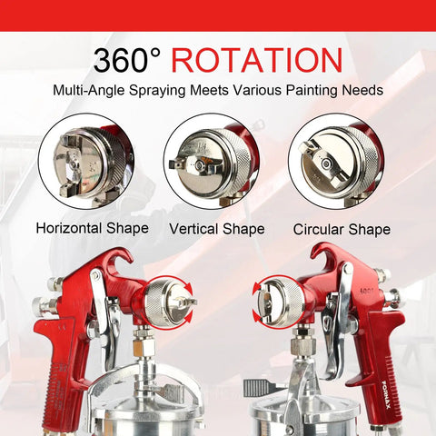 Top Shelf Siphon Feed Spray Gun With Stainless Steel Nozzles And Needles, One Liter Paint Cup, Pulls Six Cubic Feet Per Minute Air Flow, Knockout Finish For Smoother Auto Detailing, Fine Woodwork And Custom Metal Coating showcasing 360° rotation nozzle for horizontal, vertical, and circular spraying.