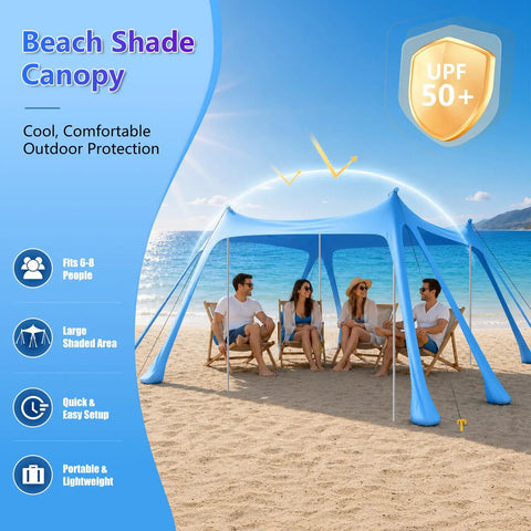 Grab And Go Beach Tent Sun Shelter 10x10 Ft UPF50 Plus Canopy with people enjoying shade on a sunny beach with ocean view