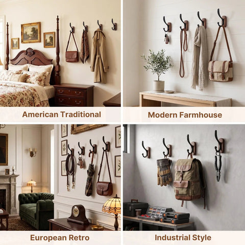 4 Pack Wall Mounted Coat Hooks Heavy Duty Double Design Hang Your Fits Smoothly Premium Walnut Wood Black Metal Frame Entryway Mudroom Top Notch Storage Rack in various home styles.