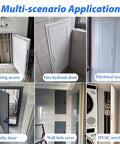 Multi-scenario application of Slick Gray Access Panel For Drywall Walls, showcasing access points in various setups.