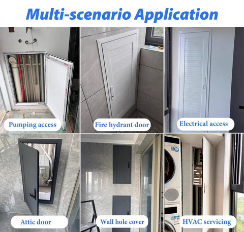 Multi-scenario application of Slick Gray Access Panel For Drywall Walls, showcasing access points in various setups.