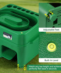 Close-up of Portable Golf Ball Dispenser And Tee Machine With 50 Ball Capacity, adjustable feet, and built-in level feature.