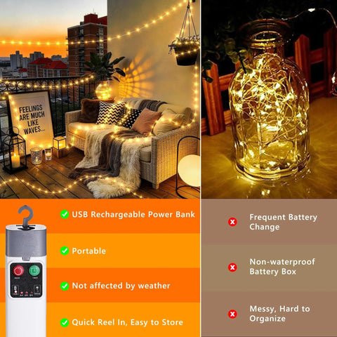 Camping String Lights 33Ft Long With 100 LEDs Rechargeable Outdoor Lights Waterproof USB Powered For Power Bank Or Adapter 13 Modes Warm White Cozy Vibe