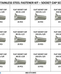 Stainless Steel Flat Head Socket Cap Screws Assortment Kit In Inch Sizes Four Through One Quarter And Twenty Threads Per Inch With Durable Plastic Case And Interchangeable Tray 381 Pieces For DIY Projects, showing various screw sizes and counts.