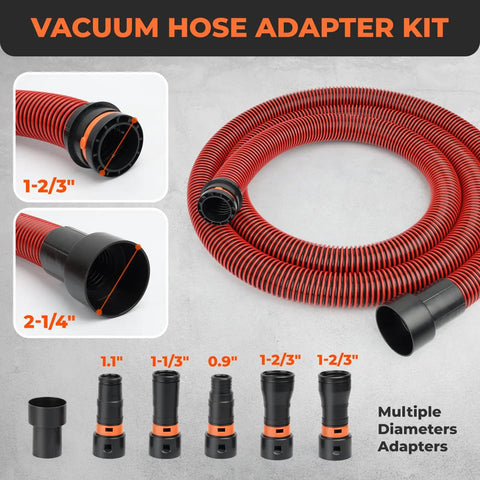 10 Ft 1 1/4 Inch Dust Collection Hose Kit With 6 Adapters for Home and Shop Vacuums, shown with multiple adapter sizes.