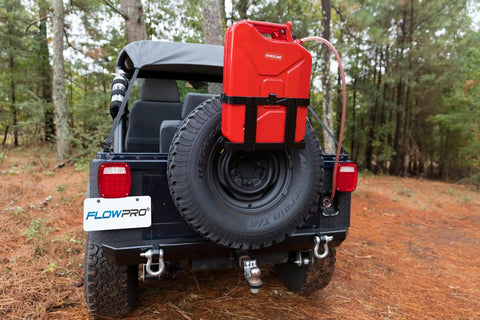 One Half Inch X Eight Foot Self Priming Jiggler Siphon Hose Transfers Gas Water Oil Fast Up To Four Gallons Per Minute No Sweat Quick Transfer Tube on jeep with red gas can