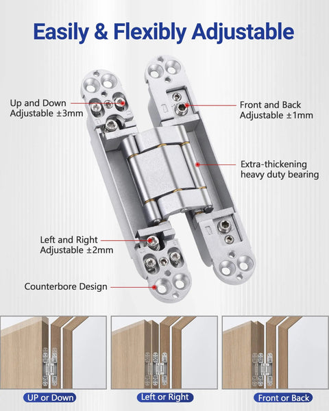Hidden Door Hinges Set 6 By 2.5 By 1 Inch Concealed Zinc Alloy Hinges Silent Invisible 3 Way Adjustable with 180 Degree Swing