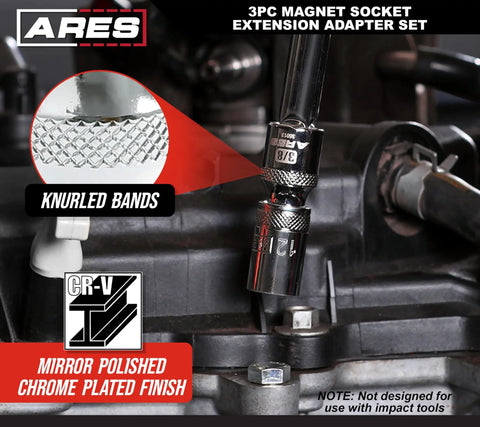 Pro Grade Chrome Vanadium Socket Accessory Set with knurled bands and mirror polished finish in use on engine