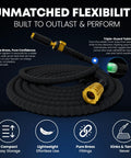 Front view of TITAN 50FT flexible garden hose, coiled black braided fabric with brass fittings and jet nozzle.