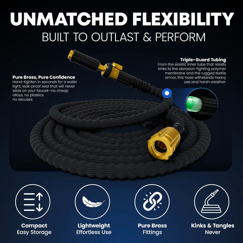 Front view of TITAN 50FT flexible garden hose, coiled black braided fabric with brass fittings and jet nozzle.