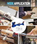 Blue benchtop wood lathe with 14x40 capacity, 400W, four-speed RPM for wood turning.