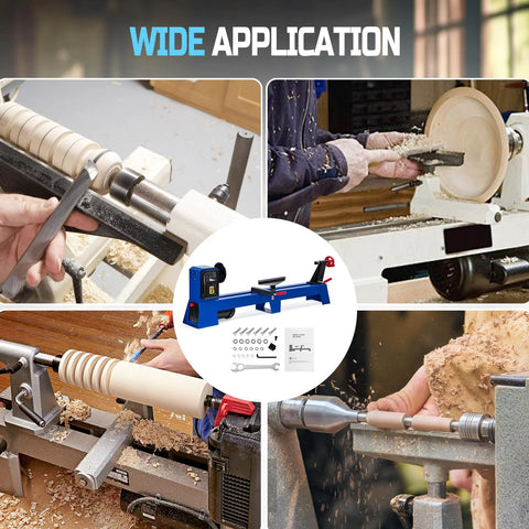 Blue benchtop wood lathe with 14x40 capacity, 400W, four-speed RPM for wood turning.