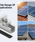 Diagram showing Six Rail Aluminum Solar Panel Mounting Kit No Brainer with four roof types and close-up of end clamp.