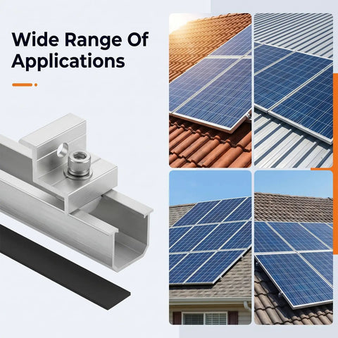 Diagram showing Six Rail Aluminum Solar Panel Mounting Kit No Brainer with four roof types and close-up of end clamp.