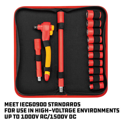 Straight Up Tough 13 Piece VDE Insulated Tool Set With Slick Ergonomic Ratchet Sockets And Extensions arranged in storage case, IEC60900 standards.