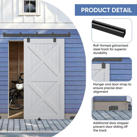 Heavy Duty Exterior Barn Door Hardware Kit 6 Ft Wall Mounted Slide Track shown with galvanized steel track and door strap