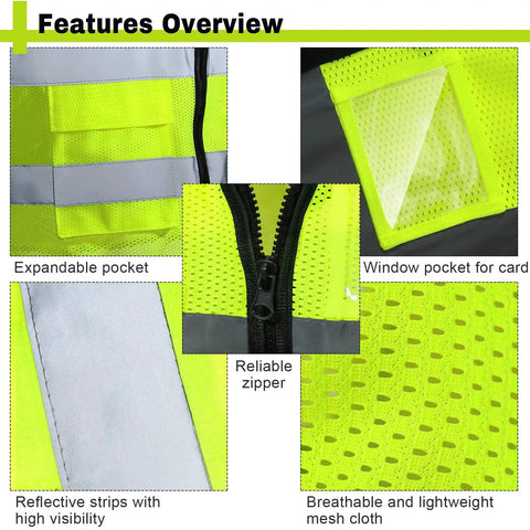 Built Different Bulk 40 Pack Bright Neon Yellow High Visibility Safety Vests With Reflective Silver Strips And Zippered Mesh Pockets For Active Crews Daily Work features overview.