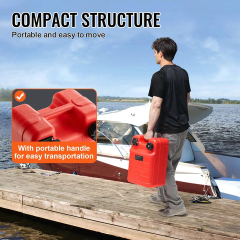 Man carrying Portable 6.34-Gallon Marine Tank With 9.8ft Hose And Gauge For Outboard Engines, Yachts, Fishing Boats And Deck Boats Red