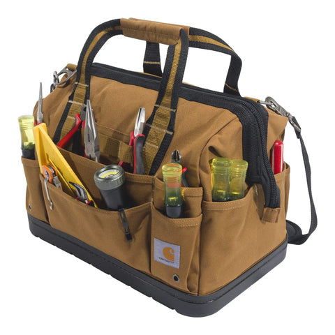 Onsite Tool Bag For Pros Built Tough Durable Water Resistant 16 Inch Heavyweight Tool Organizer With Molded Base, brown with tools in pockets