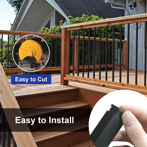 60 Pack 32 Inch Square Aluminum Deck Balusters Built Like A Tank Black Metal Spindles With Anti Uv Connectors Included Rustproof Railing Hardware For Wood Or Composite Porch And Backyard Decks on wooden deck with easy installation features.