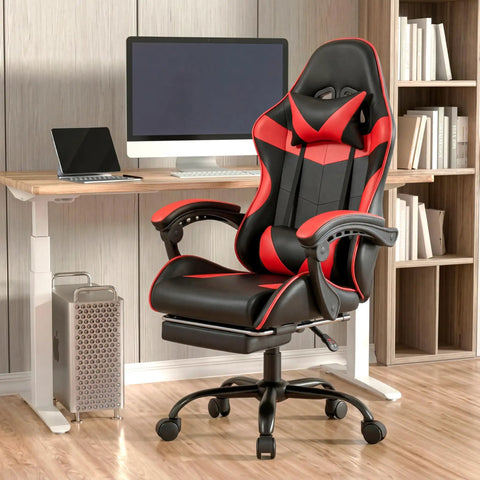 Ergonomic Gaming Chair With Footrest And Lumbar Support, Height Adjustable Office Chair With 360 Degree Swivel And Padded Headrest, Red And Black Color For Long Gaming Sessions, Pro Grade Comfort And Posture Support in office setting.
