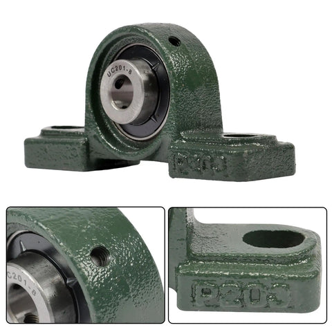 Close-up of a UCP201-8 Pillow Block Bearing Set from the 6 pack, showing self-aligning design and spherical outer ring.