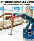 Person in colorful top, jeans stretching; inset of 8MP USB Camera With Autofocus For PC, Raspberry Pi and Laptop, UVC 2.0 Mini Webcam Board