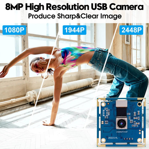 Person in colorful top, jeans stretching; inset of 8MP USB Camera With Autofocus For PC, Raspberry Pi and Laptop, UVC 2.0 Mini Webcam Board