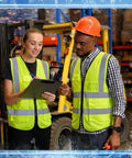 Two workers in high visibility vests discussing in a warehouse, showcasing the Boss-Level Cooling Vest That Holds Eight Cold Ice Packs Adds High Viz Reflective Stripes And X-Large Fit To Battle Brutal Heat Waves And Power Through Any Scorch Summer Grind Smoothly.