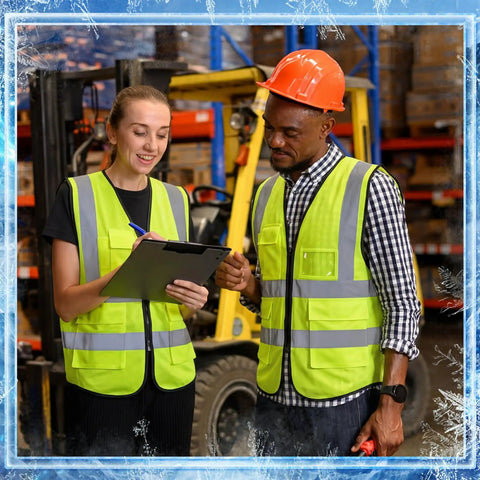 Two workers in high visibility vests discussing in a warehouse, showcasing the Boss-Level Cooling Vest That Holds Eight Cold Ice Packs Adds High Viz Reflective Stripes And X-Large Fit To Battle Brutal Heat Waves And Power Through Any Scorch Summer Grind Smoothly.