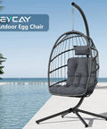 Outdoor Indoor Hanging Egg Chair With Stand Cushioned Swing Seat In Dark Grey Wicker Hammock For Patio Or Bedroom Weather Resistant PE Wicker Ergonomic Comfort 350 Lbs Capacity by poolside