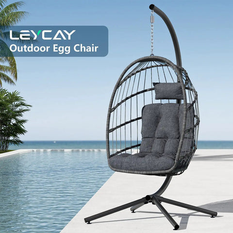 Outdoor Indoor Hanging Egg Chair With Stand Cushioned Swing Seat In Dark Grey Wicker Hammock For Patio Or Bedroom Weather Resistant PE Wicker Ergonomic Comfort 350 Lbs Capacity by poolside
