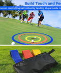 Three Pack Golf Target Circle Training Aid For Putting And Chipping, colorful rings on green with carrying pouch, players practicing.