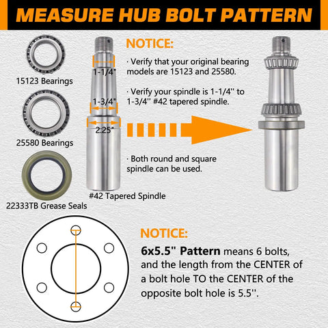 Diagram of Six Lug 5.5 Inch Trailer Hub Kit parts including bearings, spindle, and grease seal for 5200 to 6000 lb axles.