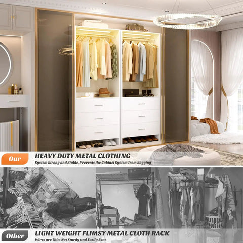 Eight Foot White Walk In Closet Organizer System With Motion Sensing Led Lights And Heavy Duty Hanging Rods No Sweat Assembly For Master Bedroom Slick Storage Upgrade And Effortless Space Saving Design
