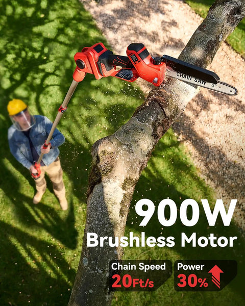 2-In-1 Cordless Pole Saw And Mini Chainsaw, 8-Inch Brushless Bar cutting high tree branch with telescoping pole
