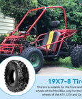 19x7-8 Mini Bike Tires Replacement Set Of 2 For ATVs Go Karts UTVs And Quad Bikes shown with go-kart outdoors.