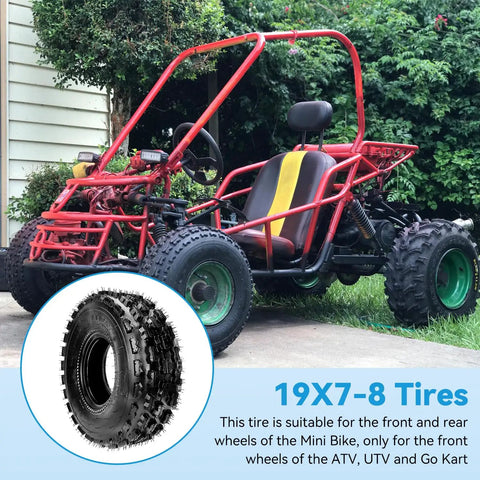 19x7-8 Mini Bike Tires Replacement Set Of 2 For ATVs Go Karts UTVs And Quad Bikes shown with go-kart outdoors.