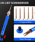 5-in-1 bit screwdriver with five interchangeable bits and easy storage feature, shown in blue color.