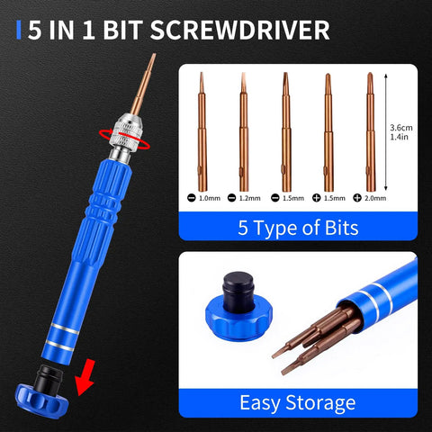 5-in-1 bit screwdriver with five interchangeable bits and easy storage feature, shown in blue color.
