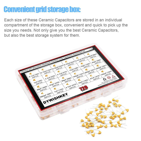 720 Piece DIP Monolithic Multilayer Ceramic Capacitor Kit With 24 Value Assortment in grid storage box
