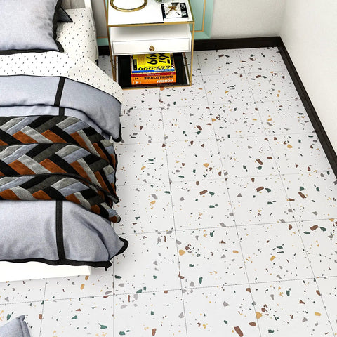 Bedroom with waterproof peel and stick terrazzo floor tiles 20 pack 12x12 inch vinyl flooring for bathroom kitchen living room camper removable white marble terrazzo look easy to install durable texture